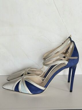 Giorgio Armani X1E555 Blue Suede Metallic T-Strap Heels Pumps 37.5
